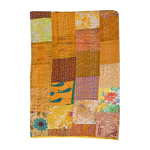 King Yellow Multi Patola Silk Patch Work Kantha Quilt , Kantha Blanket, Ac Rallies Indian Sari Quilt, Bed Cover, Queen Patch Kantha Throw, Bohemian Bedding Kantha Size 90"X108" Inches #TOP4