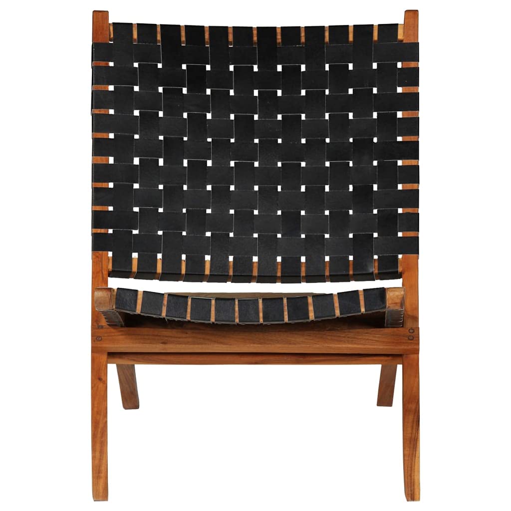 LAPOOH Sedia Pieghevole a Strisce Incrociate Nera in Vera Pelle,Sedia Relax,Sedia Relax da Giardino,Sedia Relax da Salotto,Sedia Relax da Esterno-246366
