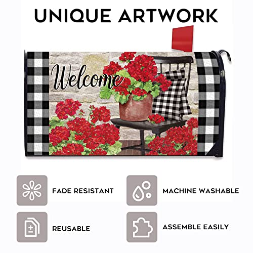 Image of Welcome Spring Geranium Flower Mailbox Cover Magnetic Standard Size 20.5 inch x 18 inch, Red Floral Buffalo Plaid Check Post Letter Box Wrap Decor Summer Farmhouse Garden Yard Outdoor Decoration