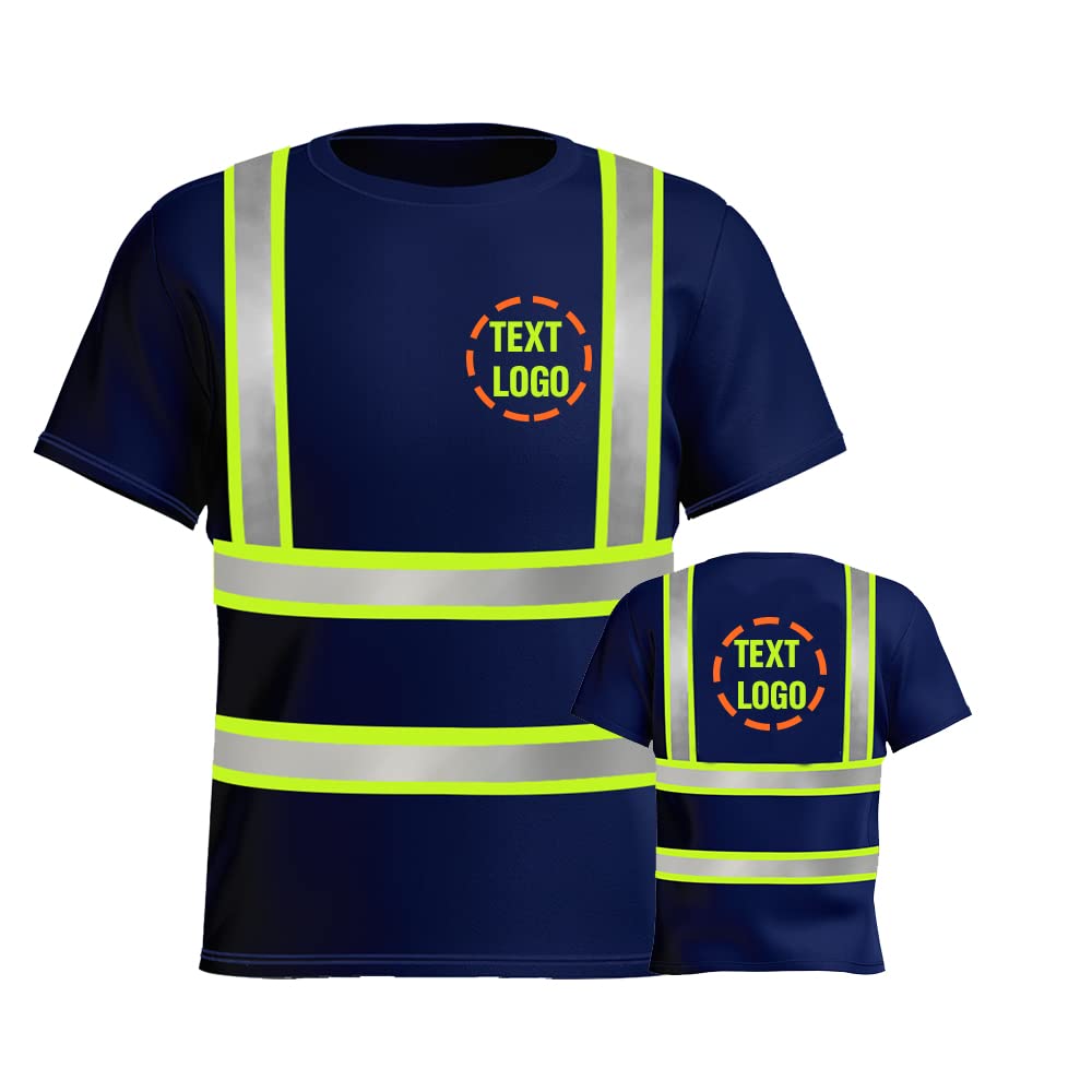 High Visibility Reflective Safety T-Shirts Custom Logo Hi Vis Short Sleeve Work Shirt for Men(Navy Blue/Green4-L)