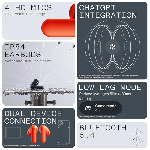undefined CMF Buds 2a Wireless Earbuds 2025 New Active Noise Cancelling 42dB Hybrid ANC Bluetooth Headphones, 12.4mm Dynamic Driver for Big Bass, 4 Mics Clear Calls, Sport Ear Buds for iPhone, Android, Orange の商品画像 4