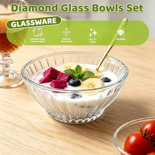Image of Glassbunny Premium Glass Dessert Bowl Set of 4, 265 ml Capacity, Clear Ribbed Glass Ice Cream Bowls Multipurpose Serving Bowls for Ice Cream, Rabdi, Fruits, Snacks & Desserts