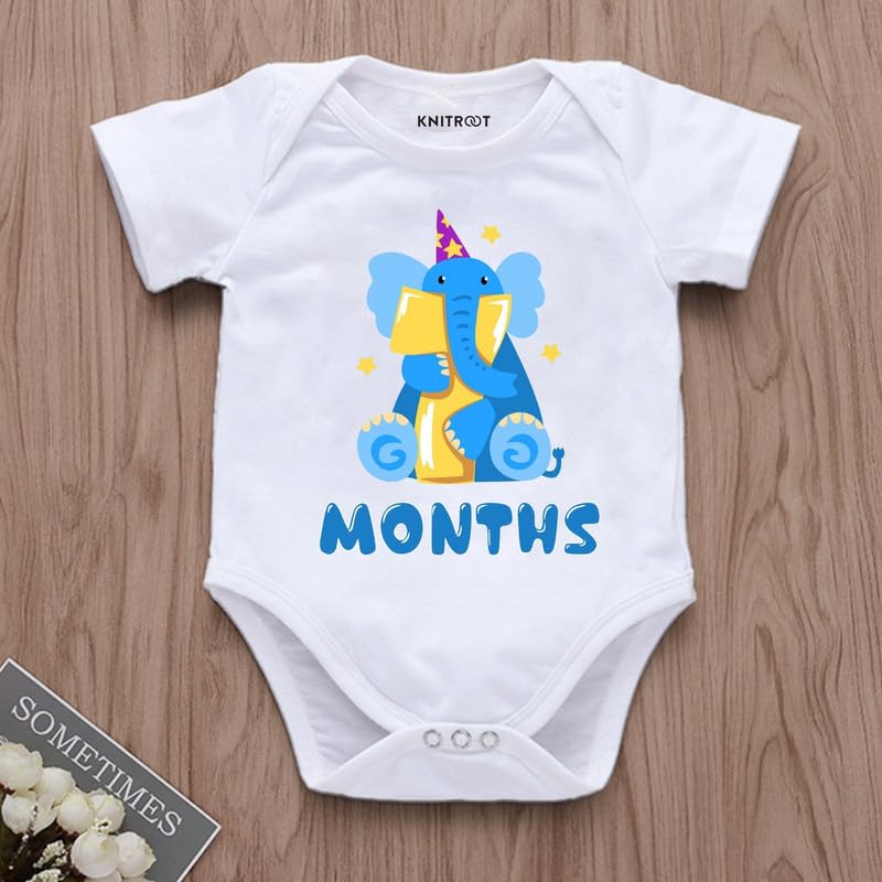 Image of KNITROOT Monthly Birthday Special Unisex Baby Romper Half Sleeve White Color
