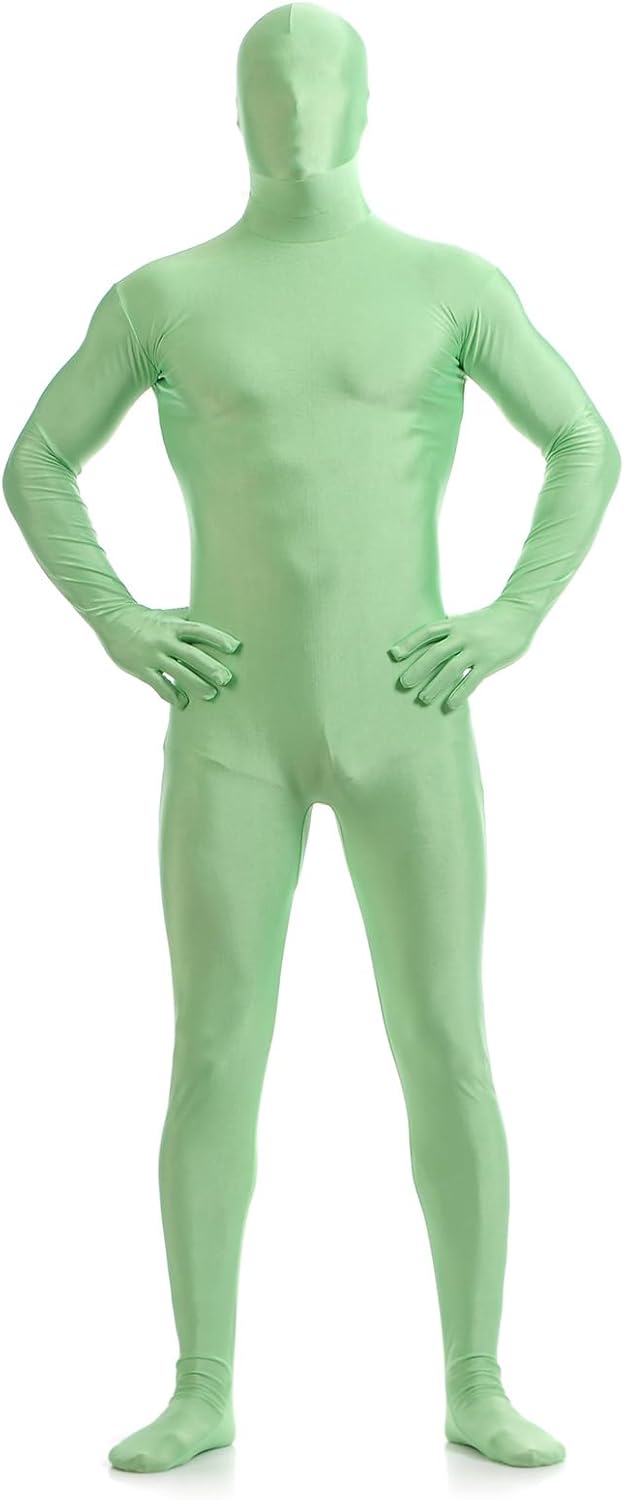 Men's Green Full Body Unitard with Mask Long Sleeve Zipper Back Jumpsuit One Piece Bodysuit Second Skin Dancewear, Bright-Green, XL/175-185cm