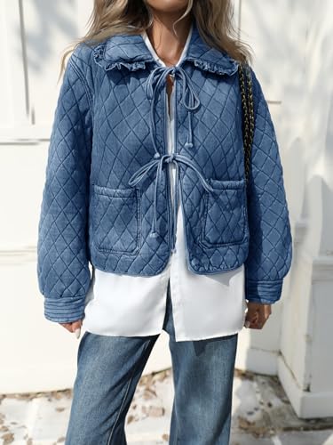 Tankaneo Womens Quilted Denim Puffer Jackets Tie Front Bow Cropped Puffy Jackets Fall Cute Short Jeans Coat4