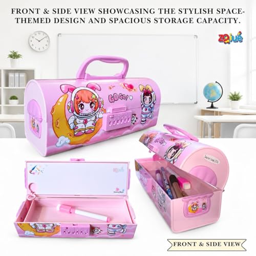 Image of Password Lock Compass Box for Kids, Cute Space Girl Theme Pencil Box with Handle, Large Capacity Stationery Organizer Case for Girls, Multifunctional School Pencil Case, Pink