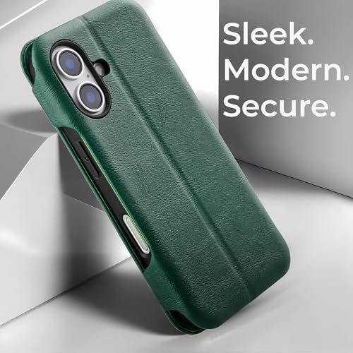 Image of PULOKA - Sleek Flip Case- Compatible for iPhone 16 Plus- Premium Vegan Leather Phone Cover with Card Slot - Slim, Durable, Privacy Protection - Kickstand Function - Elegant Flip Wallet Cases- (Green)