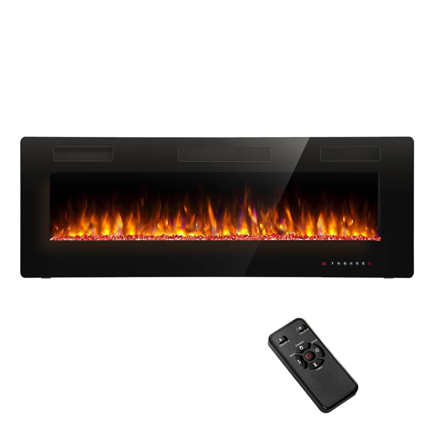 R.W.FLAME 50 inch Fireplace Recessed and Wall Mounted The Thinnest Electric Fireplace Low Noise Fit for 2 x 4 and 2 x 6 Stud Remote Control with Timer Touch Screen Adjustable Flame Color and Speed