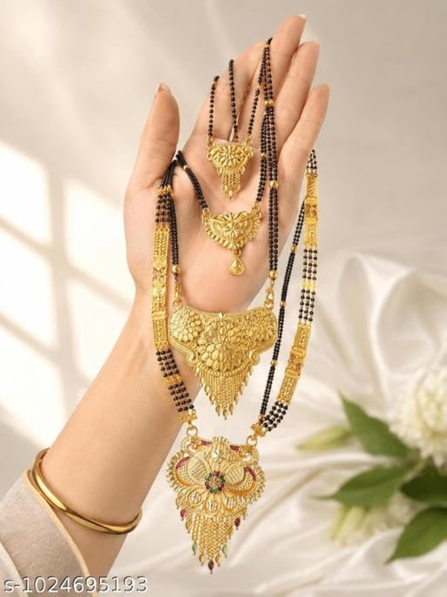4pc Black Beaded Necklace Set with Gold Plated Mangalsutra