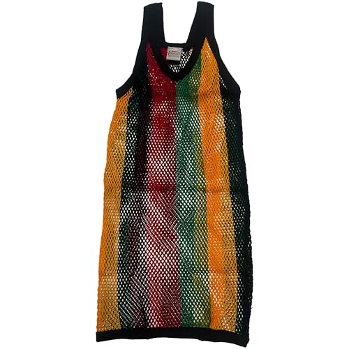 Pendeen Original English Mesh String Vest, Cotton Fishnet Tank Top, Black Red Green Gold Rasta Stripes, Medium