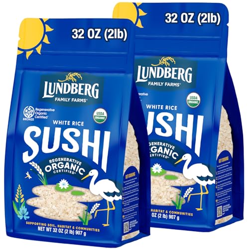 Lundberg California Sushi Rice, Regenerative Organic Certified, 2-Pack –White Short Grain Rice, Sticky Rice, Responsibly Grown in California, 32Oz Ea
