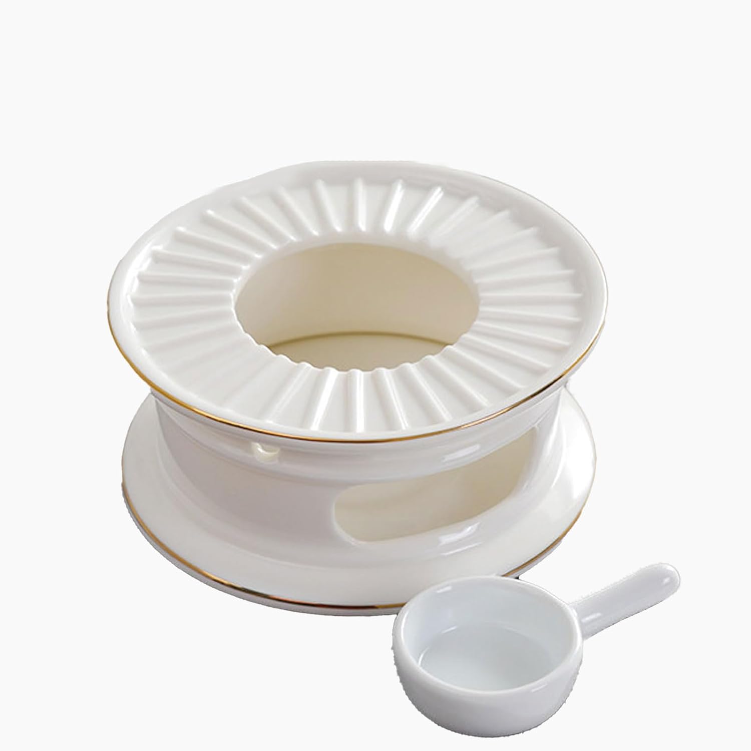 Ceramic Teapot Warmer with Gold Trim Edge Texture Design Includes Matching Ladle for Afternoon Tea Set Home Decor Gift-B