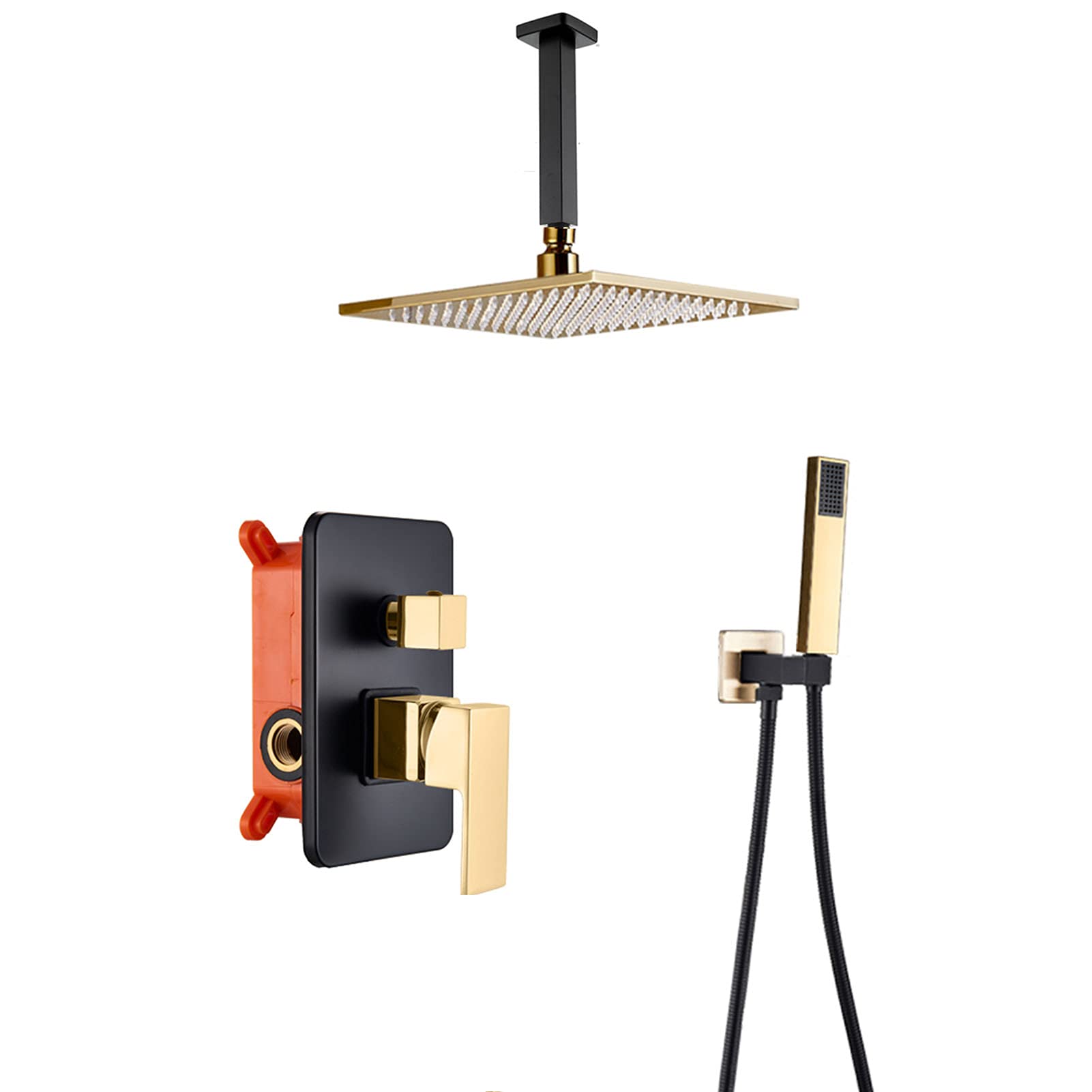 CWCQGH Shower System Black Golden, 10inch Rainfall Shower Head with Hand Shower, Wall Mounted Shower Faucet Set, Brass Embedded Box Mixer Valve,Wall Mounted