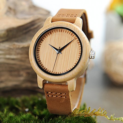 BOBO BIRD Men's Women's Bamboo Wooden Watch with Brown Cowhide Leather Strap Analog Quartz Casual Watches - Image 6