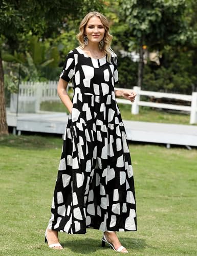 YESNO Women Casual Loose Bohemian Floral Dress with Pockets Short Sleeve Long Maxi Summer Beach Swing Dress EJF - Image 4