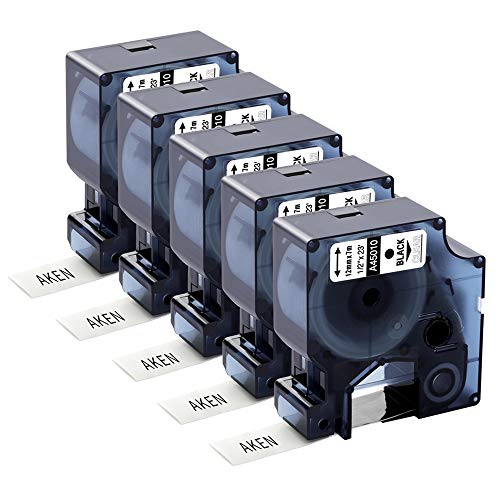 Aken kompatibel Dymo D1 12mm 45010 schwarz auf transparent Etikettenband für Dymo LabelManager 160 210D 360D 280 420P, 12mm x 7m,5er-Pack