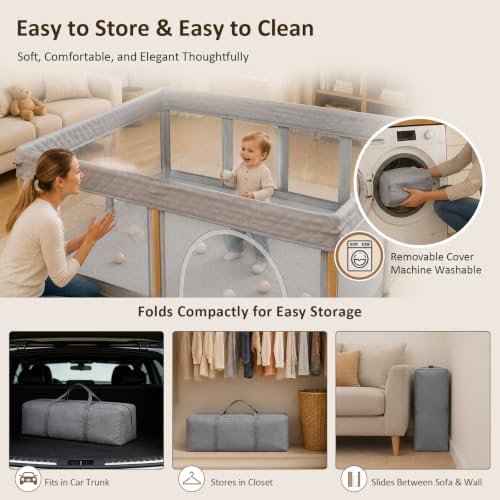 Image of TOREVSIOR Baby Playpen, 50 x 50 inches, Portable Play Yard with Carry Bag Foldable Design, Gray | Playpen for Babies and Toddlers,Indoor & Outdoor Kids Safety Play Pen, Portable Play Yard, Baby Playpen with 50 Ocean Balls