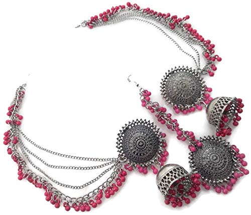 Image of Total Fashion Women's Pink Metal Oxidized Silver Maang Tikka with Earrings Jewellery Set