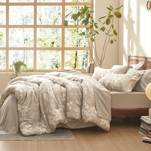 Image of Bedsure Floral Beige Comforter Set, Full Bedding Sets, 7 Piece | Bed in a Bag, Comforters, Bedroom, Reversible, Fluffy, Whisper-Quiet, All-Season, Polyester, Easy Care, Botanical-Chic, OEKO