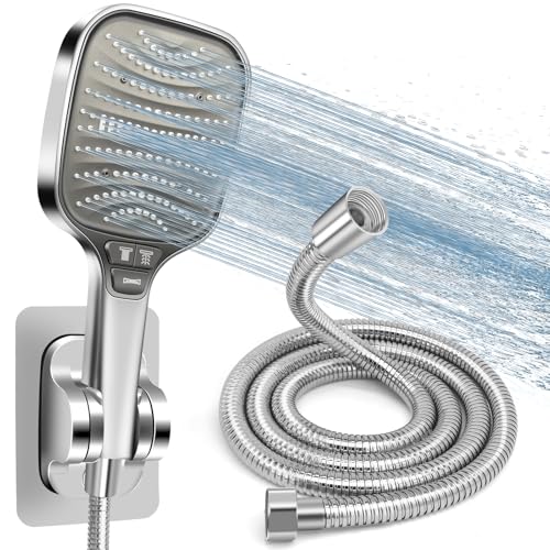 HNOOM Kit de Ducha Completo - Alcachofa de Ducha Alta Presión 120mm + Manguera Ducha 1.5m + Soporte Sin Taladro, 8 Modos, Ahorro de Agua, Antical, Universal para Baño y Limpieza（Plateado）