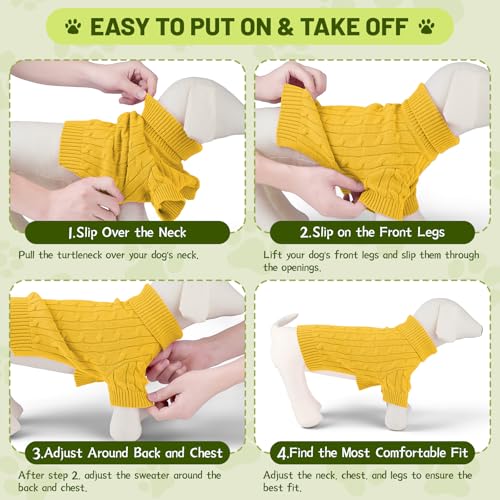 Image of Small Dog Thermal Pullover Sweater, Classic Turtleneck Cable Knitwear Dog Clothes for Cold Weather Warm Pet Clothes for Chihuahua, Bulldog, Dachshund, Pug Yellow Small