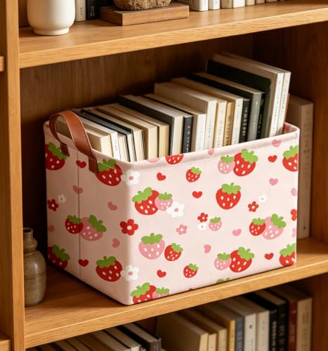 Image of Rectangle Storage Basket with Handles,Collapsible Storage Bin,Books Box,Gift Basket(Strawberry)