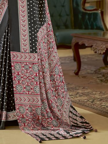 Image of SAREE MALL Women's Ajrkh Print Satin Crepe Polka Dot Printed Saree With Unstitched Blouse Piece