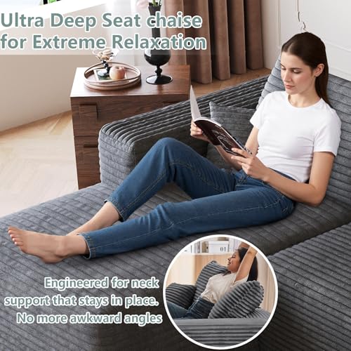 Image of 95 inch Modular Sectional Sofa with Ottoman, Modern Corduroy Cloud Couch Deep Seat, Boneless Couch Upholstered 3-Seater U-Shaped Sofa for Living Room, No Assembly (Dark Gray,Left-Facing Chaise)