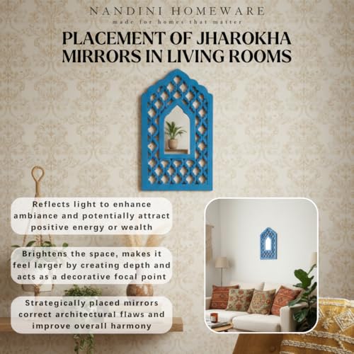 Image of Nandni Homeware Handcrafted Traditional Wooden Jharokha Wall Art with Mirror Work | Boho Vintage Style Decorative Wall Hanging for Living Room, Bedroom & Home Interiors (Blue Mughal)