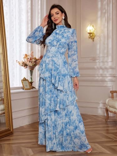 Image of TOLEEN Summer Casual Dresses for Women 2024 Spring Fashion Boho V Neck Long Sleeve Ruffle Floral Print Elegant Maxi Dress