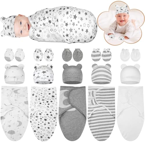 Image of Autanch 5 Pack Preemie Swaddle Blanket Wrap with Hat and Baby Mittens Set Cotton Preemie Baby Clothes Hat Receiving Blanket for 3-7 Lbs Newborn Boys Girls (Classic Style)