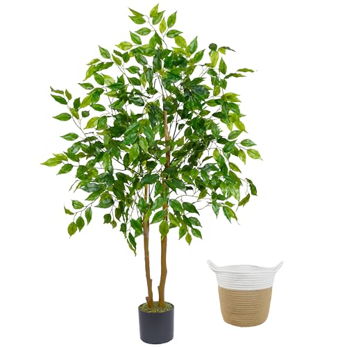 Warmplants Artificial Ficus Tree, 4ft Tall Fake Ficus Tree with Basket, Faux Plant for Indoor...