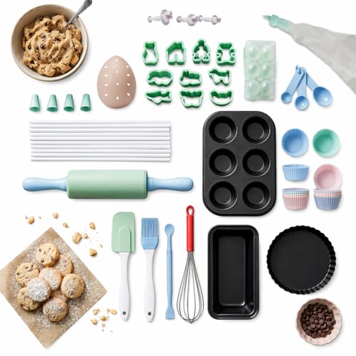 Kids 59 Piece Baking Set | Real Junior Chef Baking Supplies Kit | Includes Utensils Tins Moulds Cookie Cutters Measuring Spoons & More | Perfect Gift for Children | Age 4 +