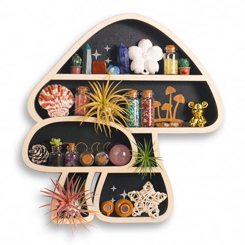 FNYDOX Cute Mushroom Decor, Wooden Floating Mushroom Shelf for Wall, Crystal Display Shelf Rock Gem Stone Display Shelf Wall Mounted