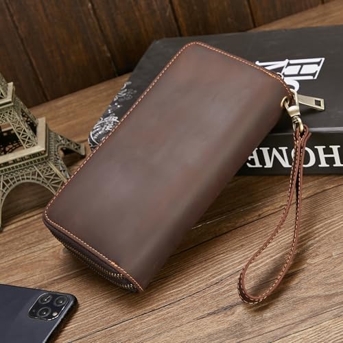 Men's genuine leather wallet, crazy horse leather retro long wallet, hand-held, wrapped in leather, leather wallet, men's wallet clip3