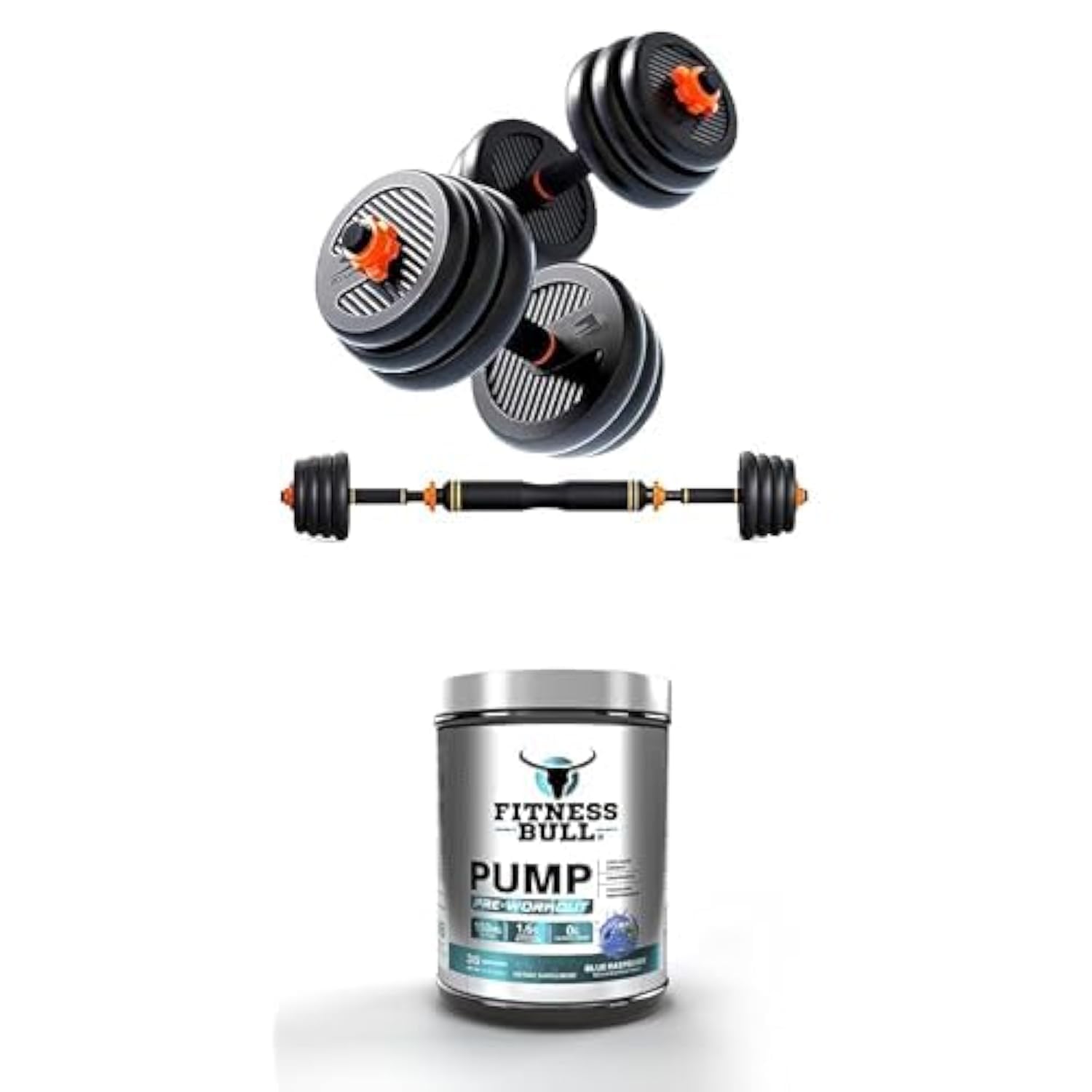 20Kgs Unisex Adult Enviromental Adjustable Dumbbell N Barbell Set Black, L50 X W40 X 20, Em-9266-35 + Fitness Bull Pump Pre Workout I Explosive Energy Blend I 225 Grams (30 Servings)