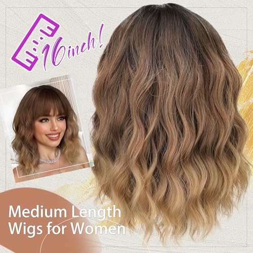 Image of Nnzes Short Wavy Bob Wig with Bangs for Women Shoulder Length Curly Ombre Brown Blonde Synthetic Heat-Resistant Fiber Hair for Daily & Party Use