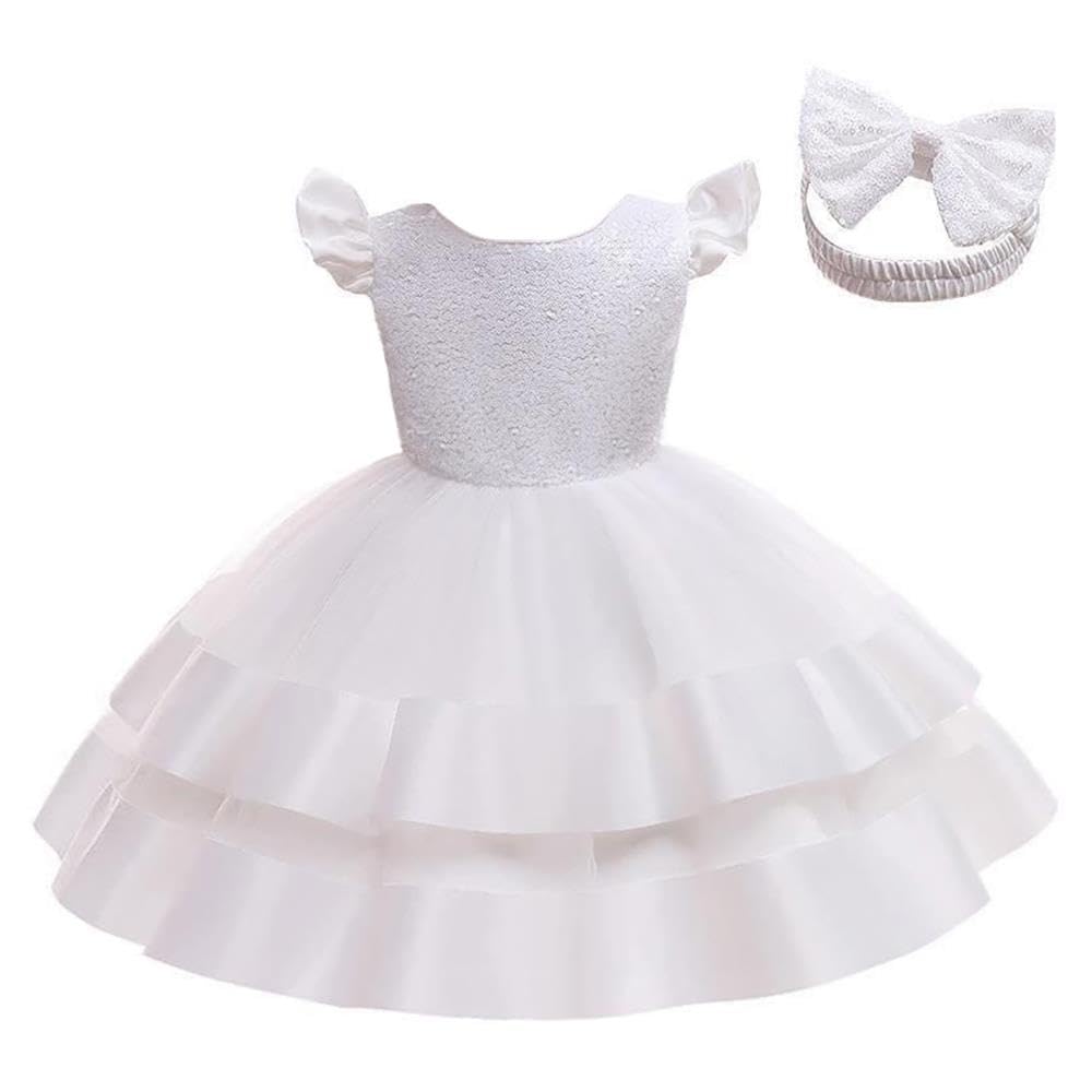 Lito Angels Robe pailletée Fille avec Bandeau | Bandeau assorti, Corsage pailleté, volants aux épaules, jupe tulle à étages, grand nœud au dos, Mariage, Cérémonie, Baptême