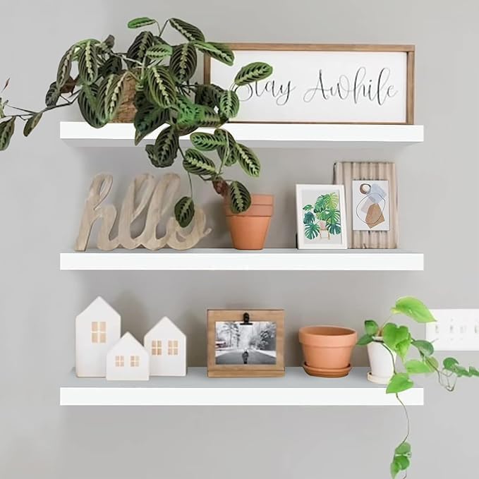 20 Inch Wall Mounted Wooden Floating Shelf | Set of 3 White Wall Rack Shelves for Bedroom Living Room Kitchen | Decorative Display & Storage Shelf for Home (Natural White)-image-11