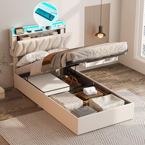 Fameill Twin Size Lift Up Storage Bed Frame with Adjustable Headboard, Charging Station, LED Lights, Wood Slats, Noise-Free, No Box Spring Needed, Beige