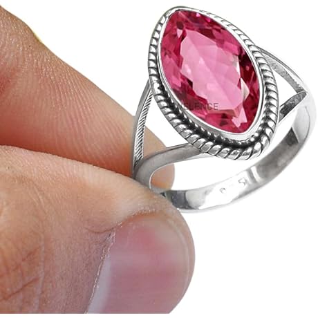 Solid 925 Sterling Silver Ring For Women Pink Tourmaline Marquise Gemstone Ring