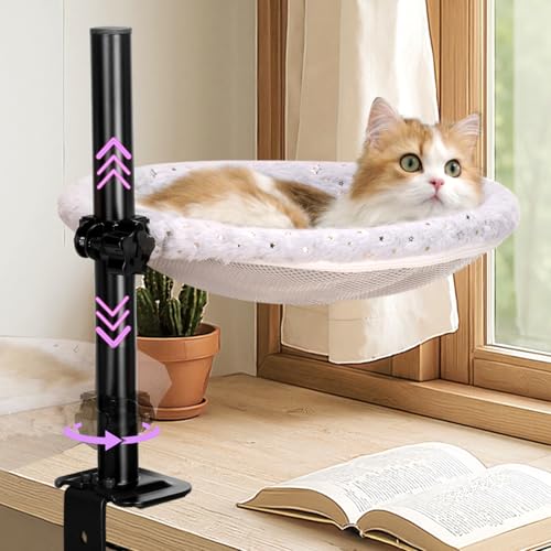 LANERmooos Cat Desk Bed, 360° Rotating & Height Adjustable Hammock Perch, Solid Metal Frame, Premium Velvet Fabric & 3D Mesh Cushion, 2 Washable Covers, Ideal Cat Bed for Indoor Use (Gray)