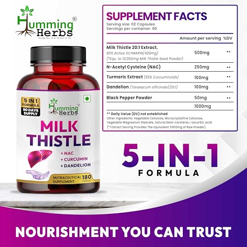 Image of Humming Herbs Milk Thistle Supplement 1140mg Liver Support Formula with NAC, Curcumin, Dandelion and Black Pepper - Bioavailable Detox Supplement - Capsules - 180 Count