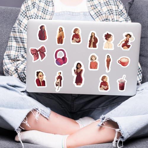 Image of Red Aesthetic Kawaii Girl Vinyl Stickers Pack of 33 | Waterproof Burgundy & Wine Red Cute Fashion Decals for Laptop, Water Bottle, Journal, Scrapbook, Phone Case | Self-Adhesive Sticker Pack