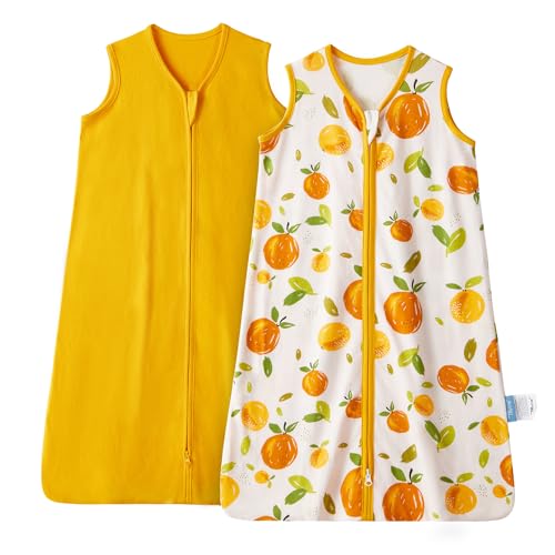 Image of TILLYOU 2 Pack Infant Sleep Sack 0-6 Months 100% Cotton Wearable Blanket 0.5 TOG Sleeveless Summer Sleep Sacks with 2-Way Zipper, Orange Flavour & Orange