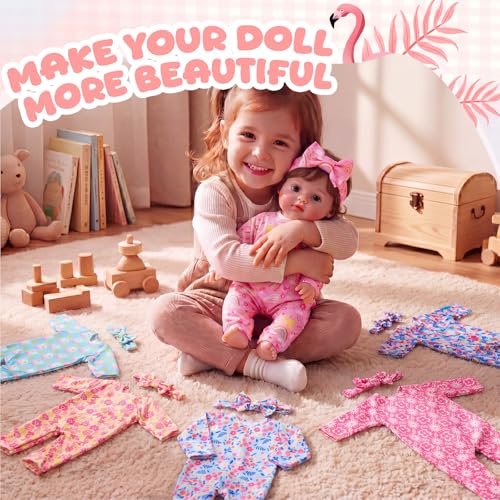 Image of Reborn Baby Doll Clothes Set for 18 Inch Colorful Babydolls Clothes Outfits Realistic Cute Strawberry Fruit Pattern Dress Accessories with Headband Bulk for Girl(Tropical Print Set)