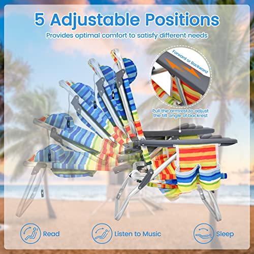 Image of Tangkula Set of 4 Backpack Beach Chair, 5-Position Lay Flat Beach Chairs with Cooler Bag, 2 Cup Holders, Towel Bar, Lightweight Low Folding Beach Chair with Backpack Straps, Yellow