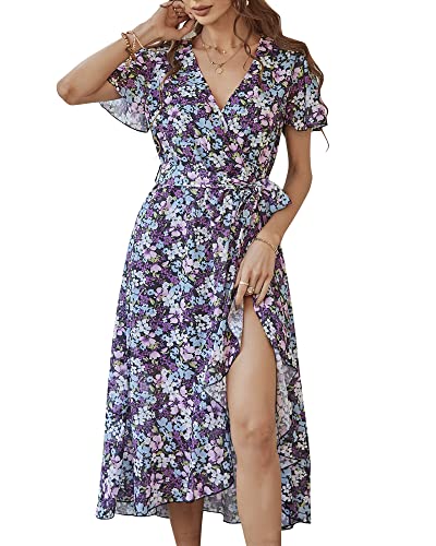 Bequemer Laden Women's Summer Floral Dress Wrap V Neck Short Sleeve Belted Ruffle Beach A-Line Bohemian Maxi Dresses B-Black #TOP6