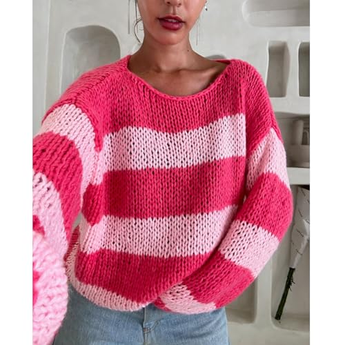 Image of Women Y2K Striped Sweater 90s Vintage Aesthetic Long Sleeve V-Neck Knit Pullover Jumper Loose Fall Sweatshirt