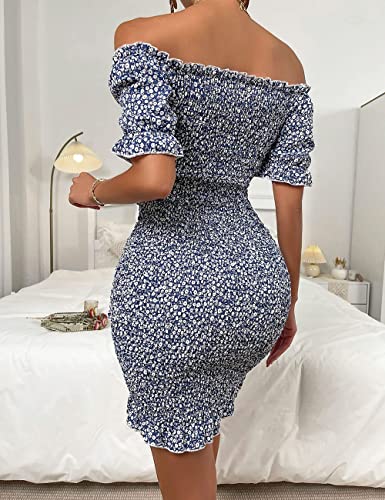 Prettygarden Women's Summer Off Shoulder Bodycon Dresses Short Sleeve Drawstring Sexy Mini Party Club Smocked Dress (Royal Blue White Floral,Medium) #TOP2